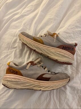Hoka Grey with Brown & Mustard Suede Running Shoes